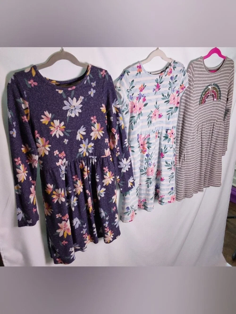 Girl's Navy Floral, White/Gray Stripe Sequin Rainbow, Short Sleeve Floral Bundle